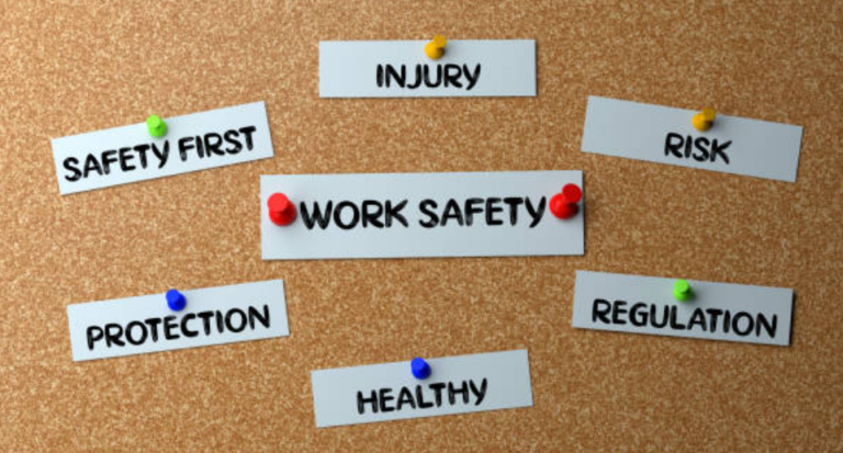 Health and safety consultancy meeting with consultant reviewing workplace documentation