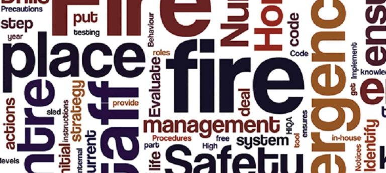 Fire Safety Managers Course word cloud featuring fire safety management terminology - Phoenix STS Ireland