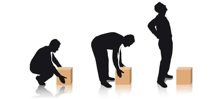 Manual Handling Course safe lifting techniques showing correct posture versus incorrect lifting causing back injury