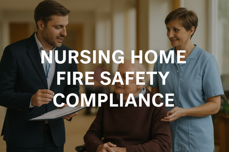 Nursing home fire safety compliance - Phoenix STS consultant reviewing HIQA Regulation 28 documentation with care home manager