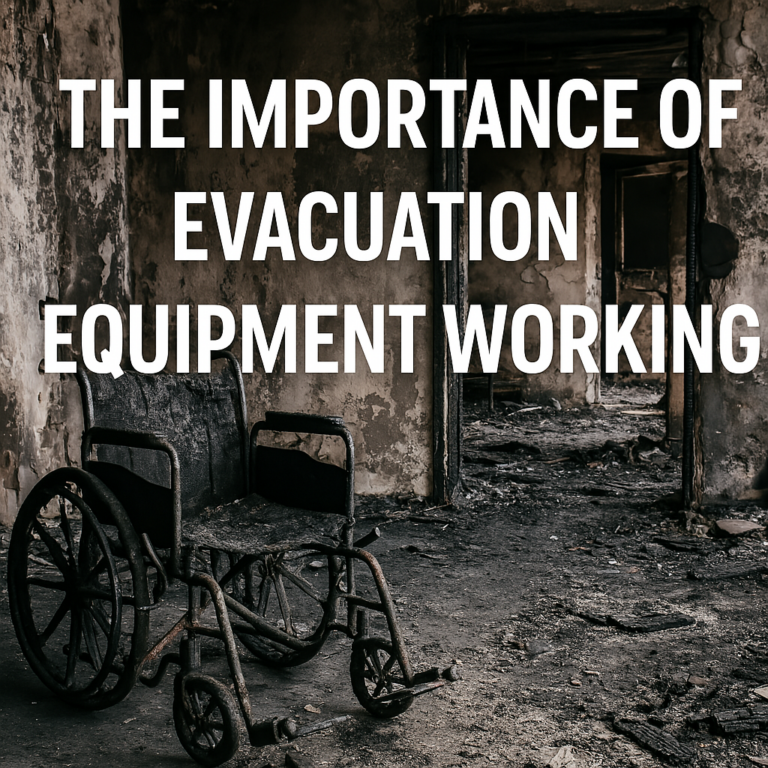 A burnt-out wheelchair in a severely fire-damaged room, symbolising the critical need for functional evacuation equipment in healthcare settings.