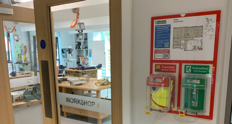 TagEvac evacuation system control board showing colour-coded zone tags for sweep evacuation management