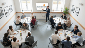 A high-angle view of a bright conference room where a man in a suit stands presenting to four groups of professionals seated at round tables; a large screen behind the presenter displays the "PHOENIX STS: your safety first".