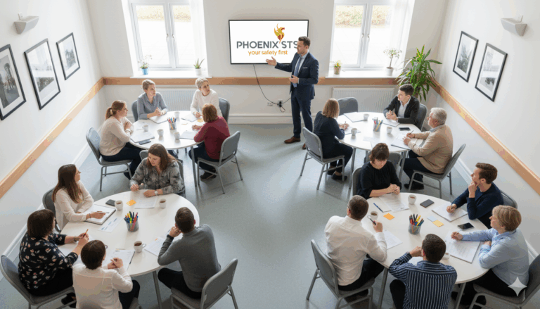 A high-angle view of a bright conference room where a man in a suit stands presenting to four groups of professionals seated at round tables; a large screen behind the presenter displays the "PHOENIX STS: your safety first".