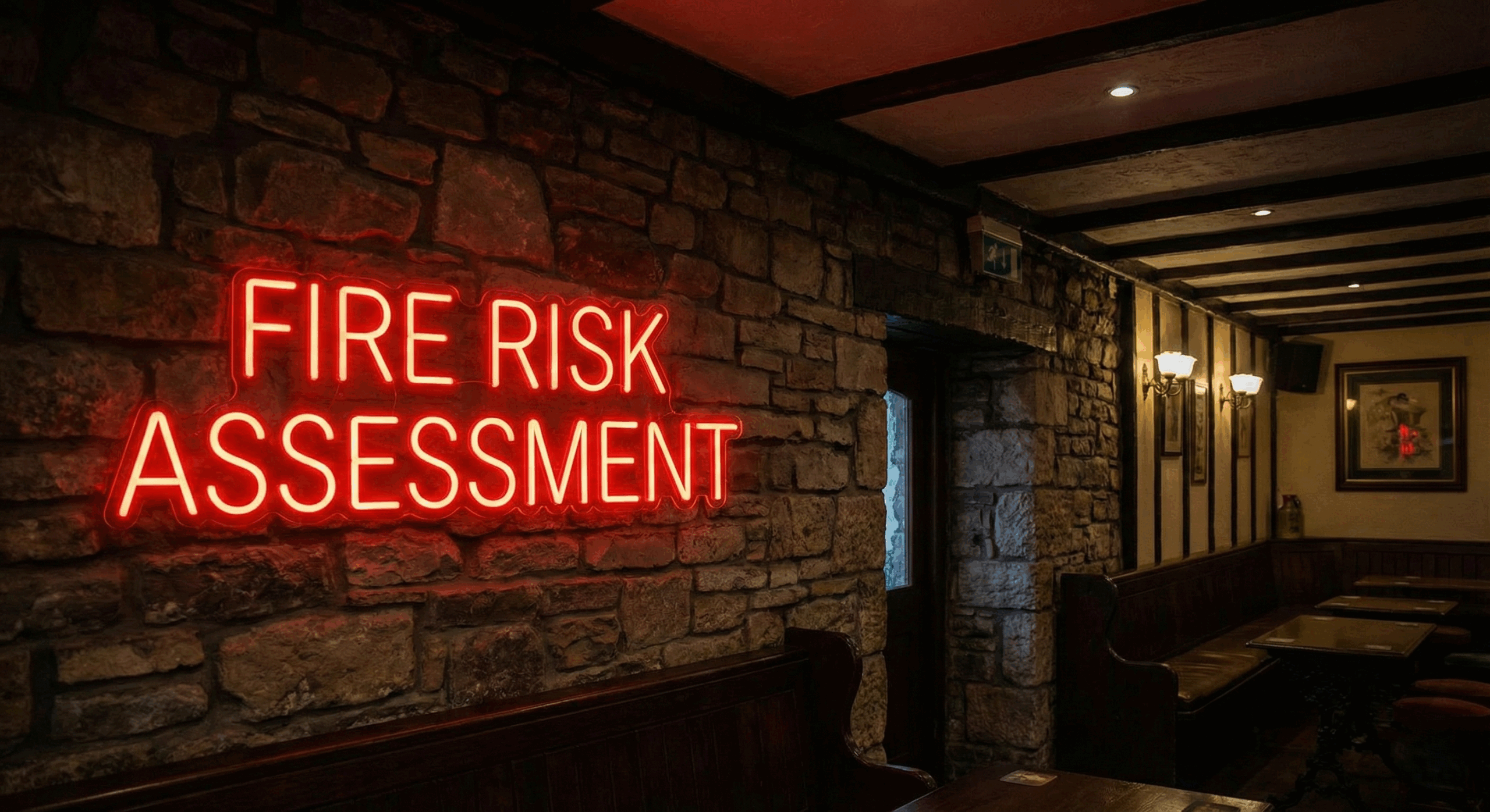 Fire Risk Assessment Ireland - Neon sign displaying "Fire Risk Assessment" in a traditional Irish pub setting, representing Phoenix STS fire safety consultancy services